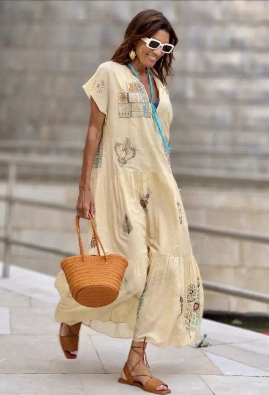 ZARA LIMITED EDITION EMBROIDERED MAXI DRESS BEIGE BOHO TIERED XL $119
